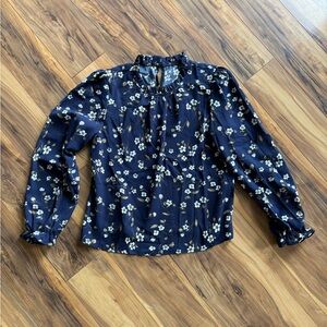 ROMWE Blue and White Ruffled Blouse with Mandarin Collar